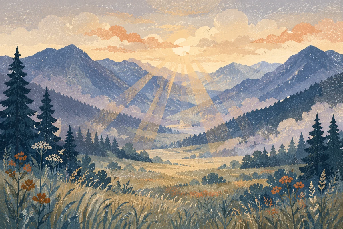 Misty Mountain Valley Dawn Light Rays
