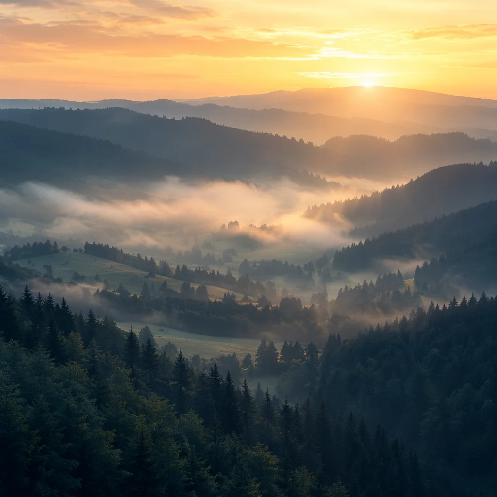Misty Mountain Valley Dawn Light Rays