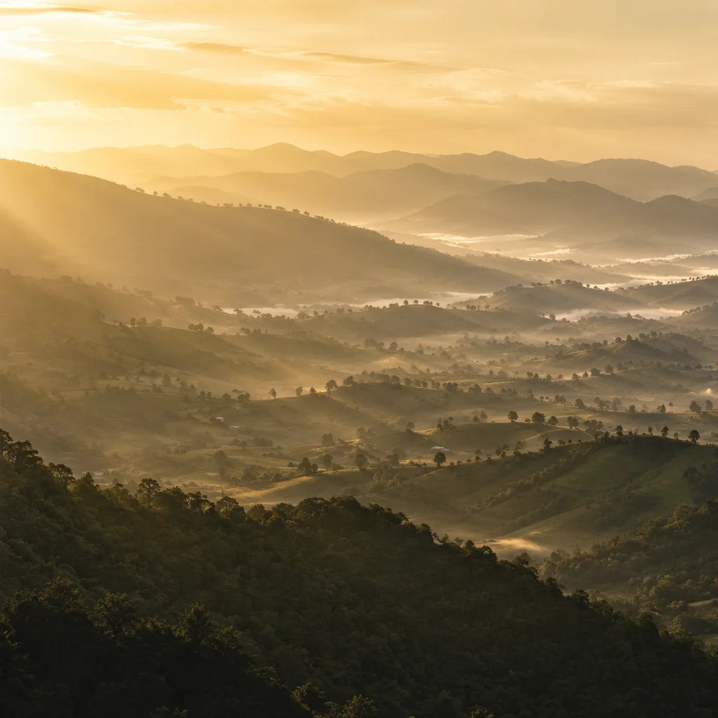 Misty Mountain Valley Dawn Light Rays