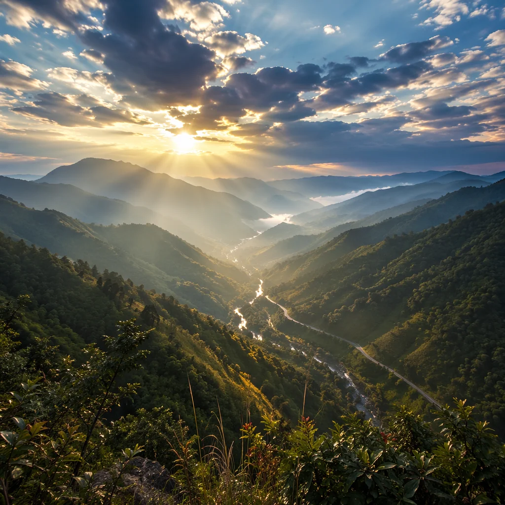 Misty Mountain Valley with Dawn Light Rays