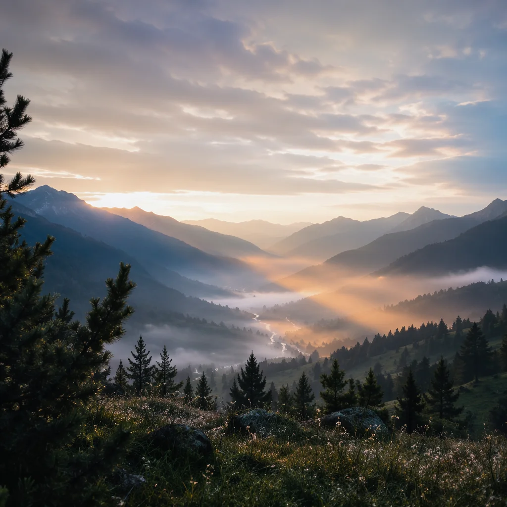 Misty Mountain Valley at Dawn Rays