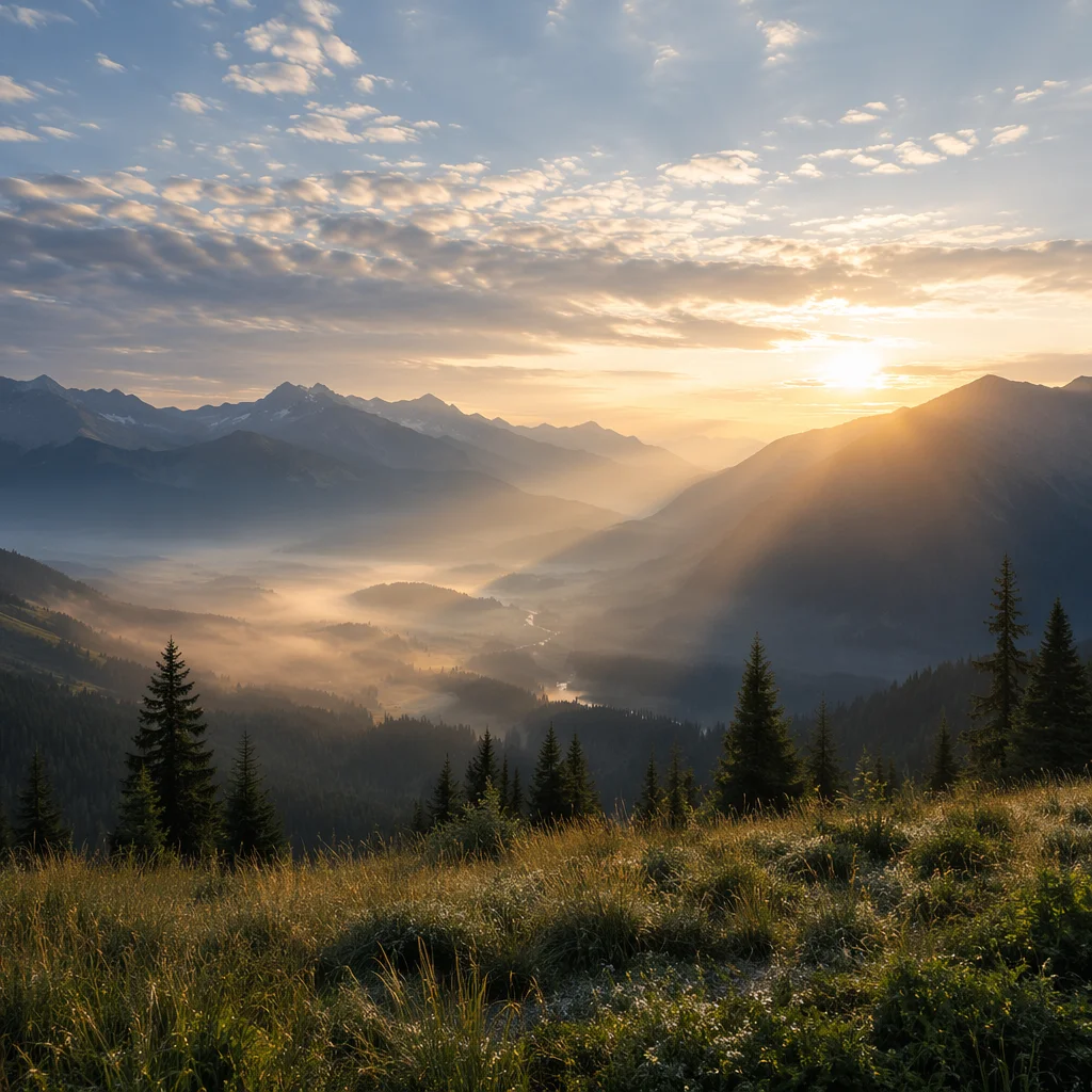 Misty Mountain Valley at Dawn Rays