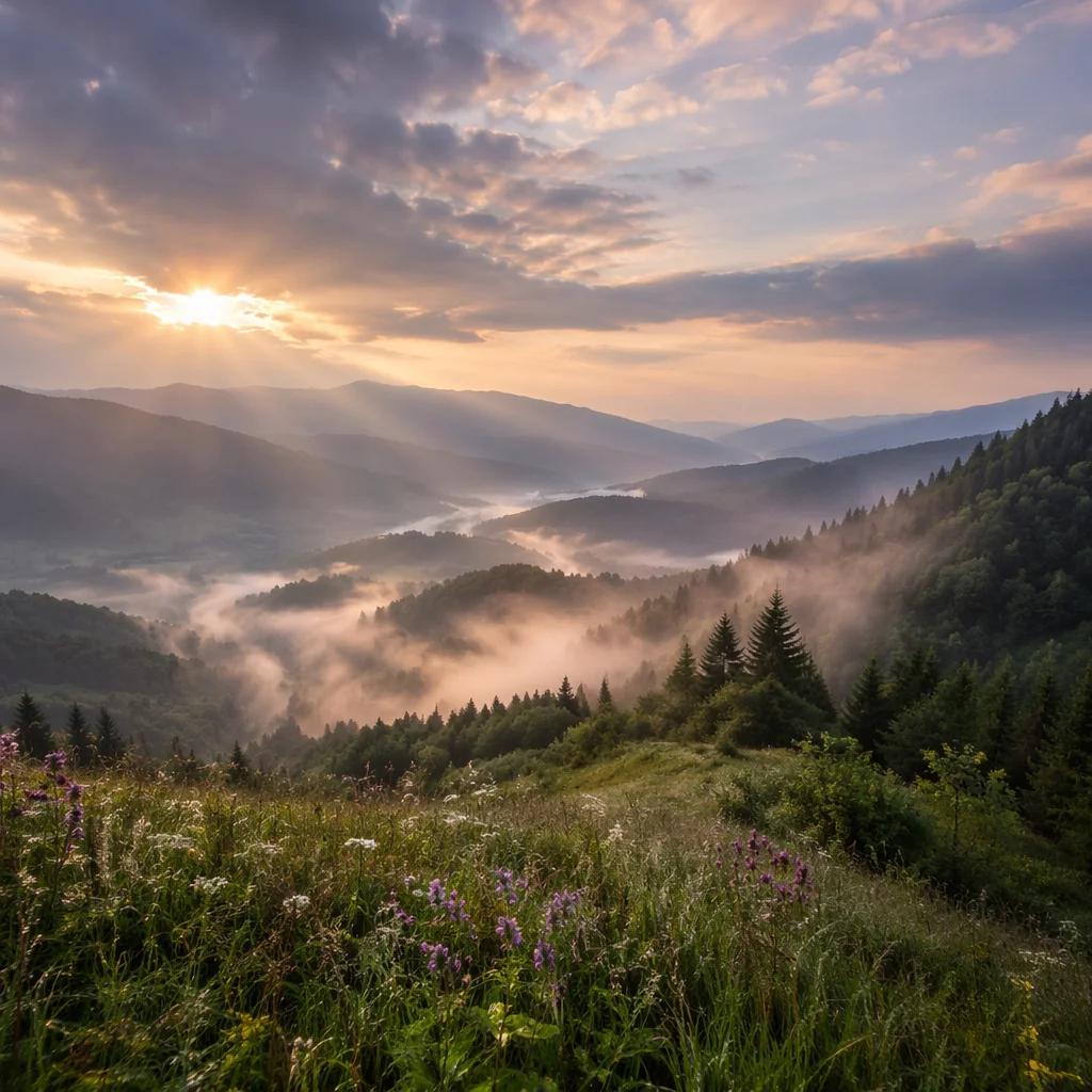 Misty Mountain Valley Dawn Light Rays