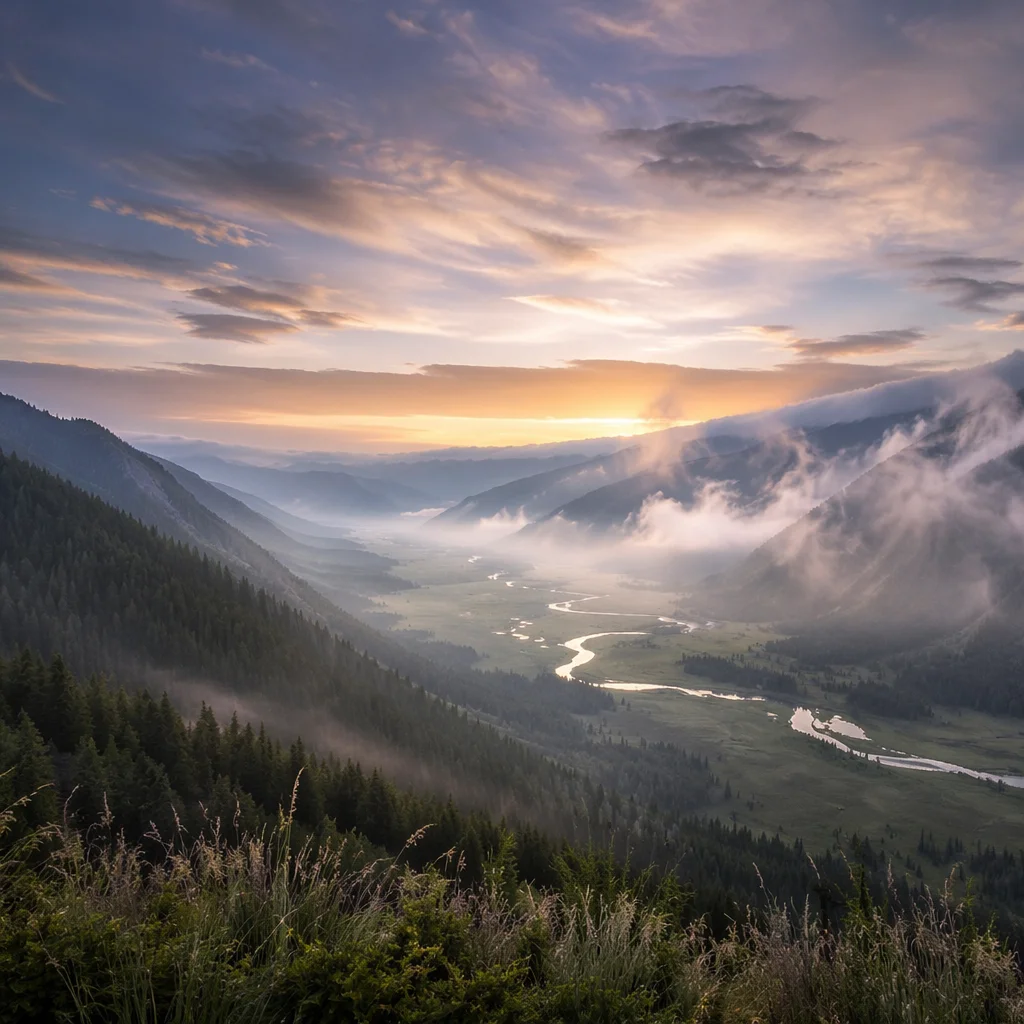 Misty Mountain Valley with Dawn Rays