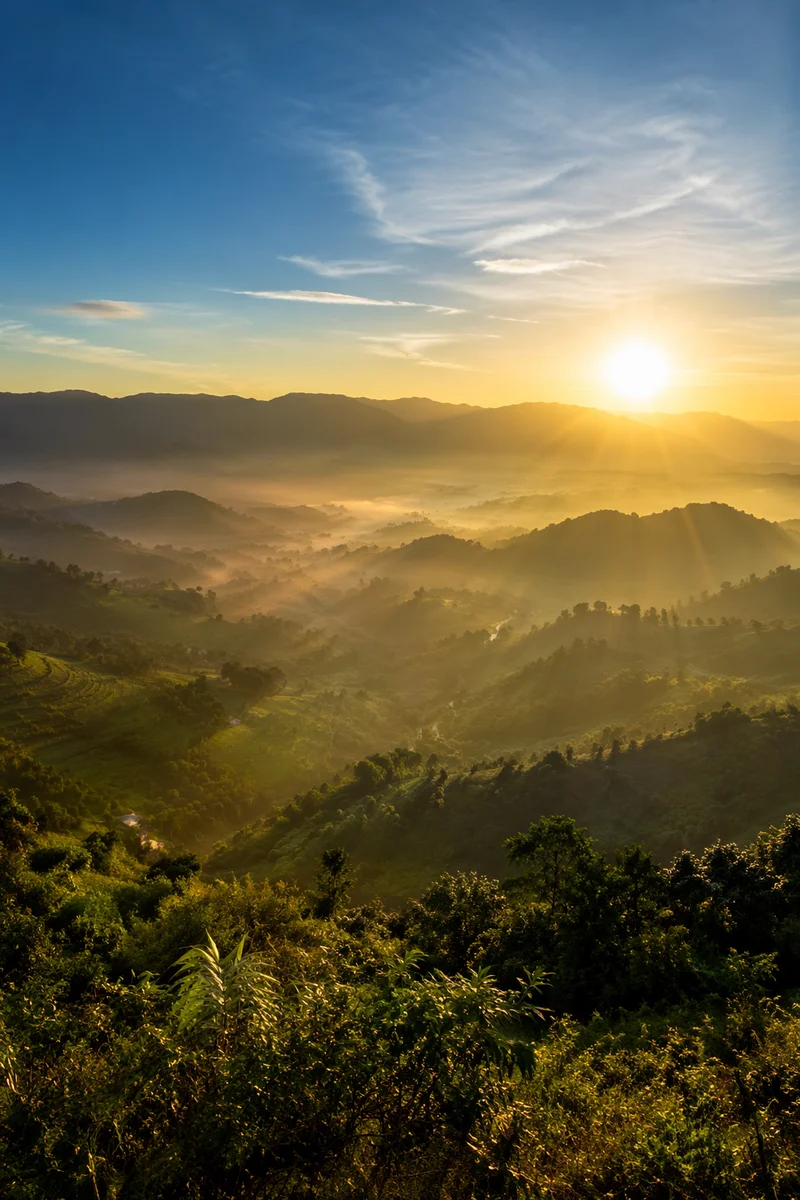 Misty Mountain Valley at Golden Dawn