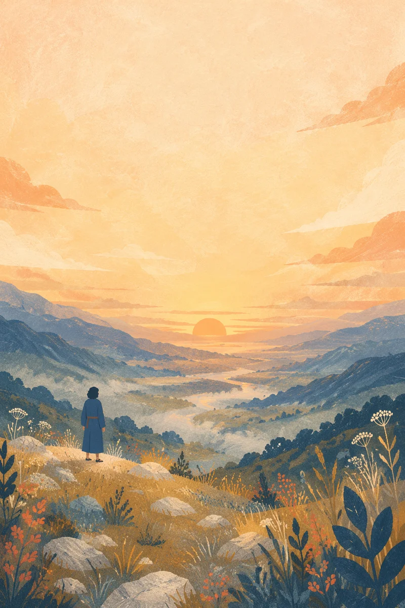 Silhouetted Figure Over Mountain Valley at Dawn