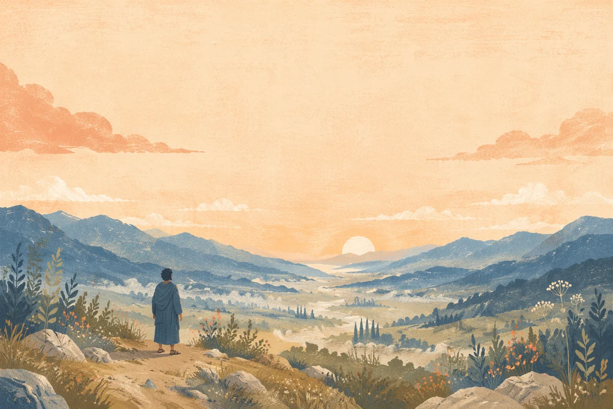 Distant Figure Overlooking Dawn Mountain Valley