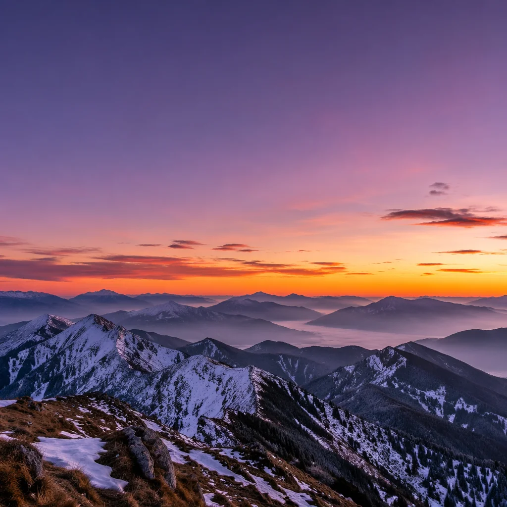 Sunrise Mountain Range Panorama with Purple Sky