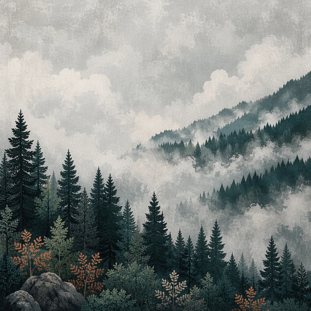 Misty Evergreen Forest Mountain Background
