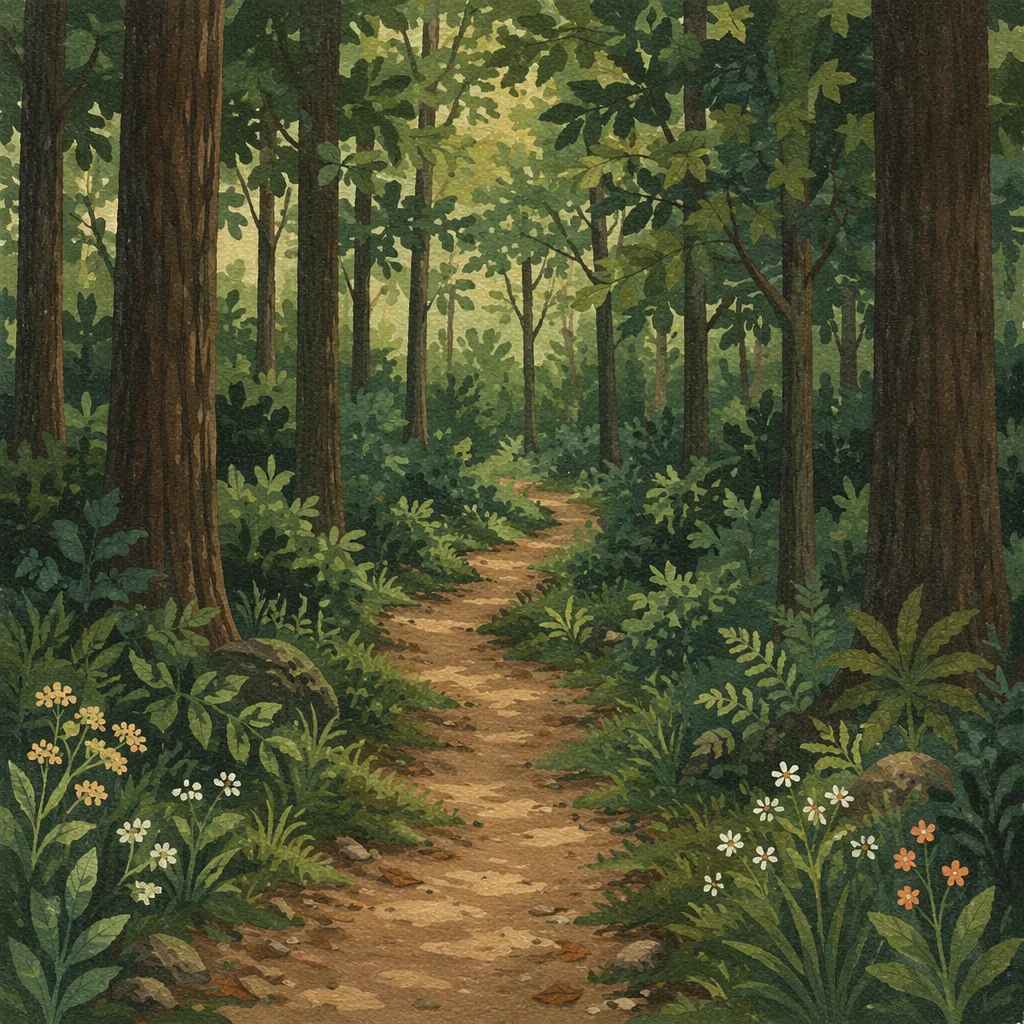 Quiet Green Forest Path Background