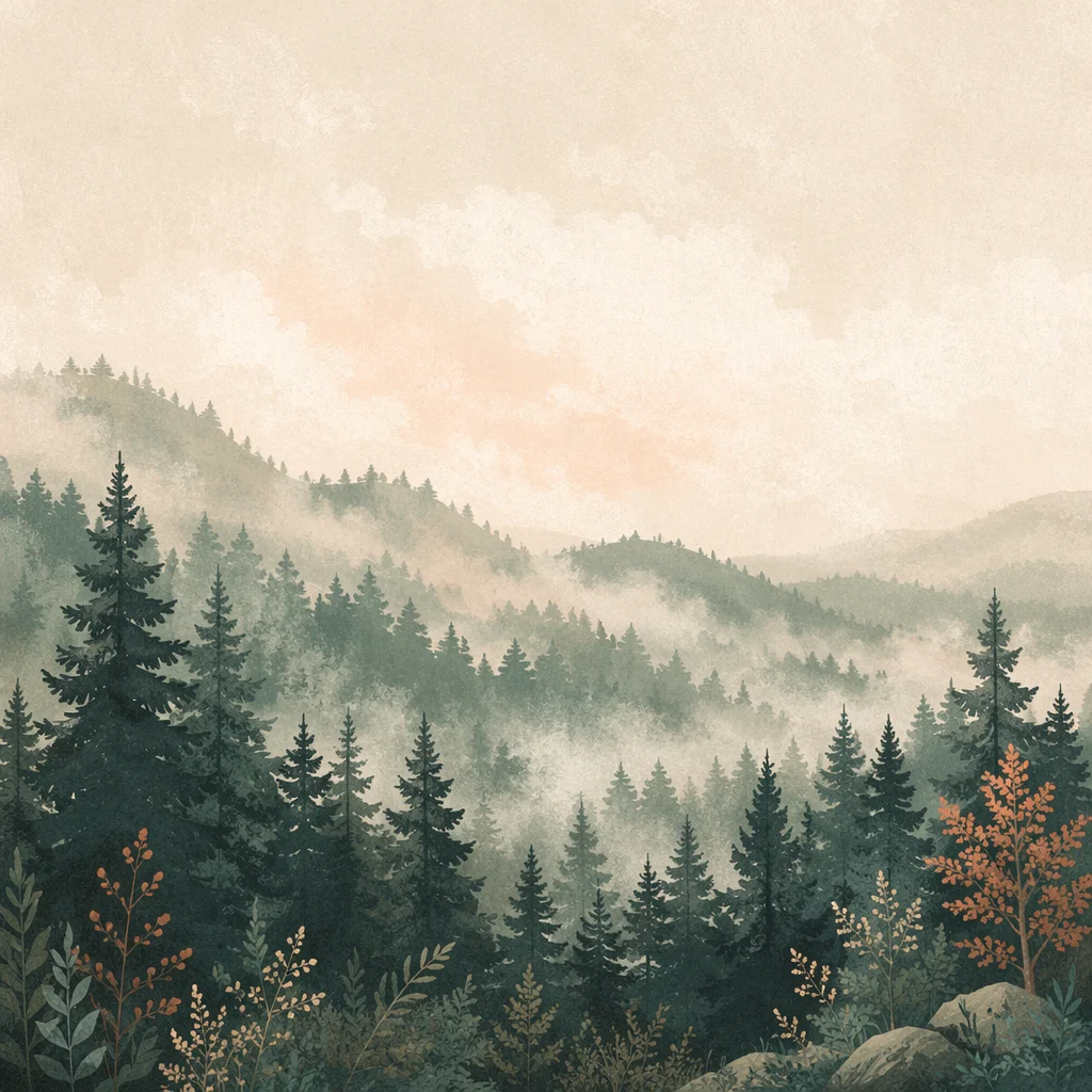 Misty Evergreen Forest Hills Background