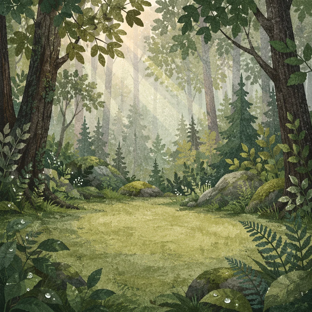 Misty Green Forest Morning Background