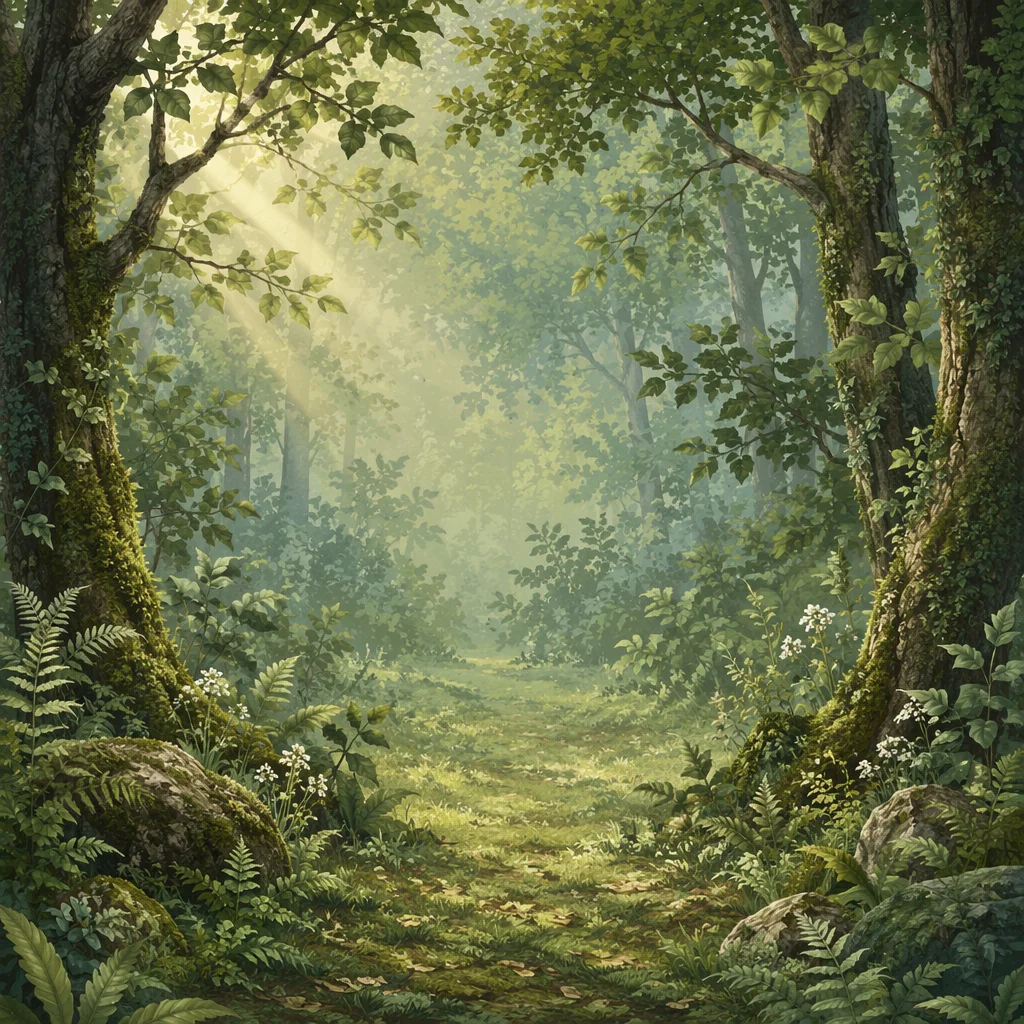 Misty Green Forest Morning Background