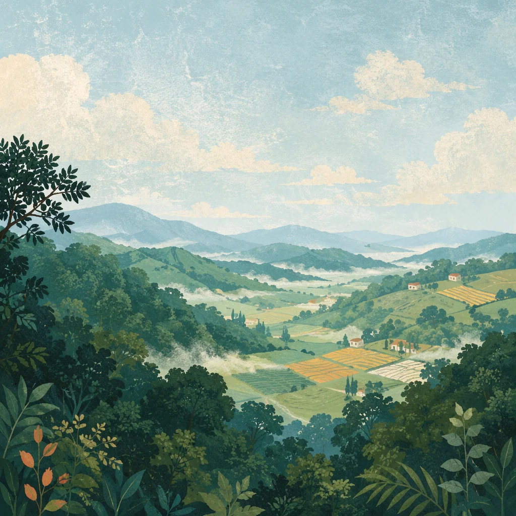 Peaceful Green Forest Hills Morning Background