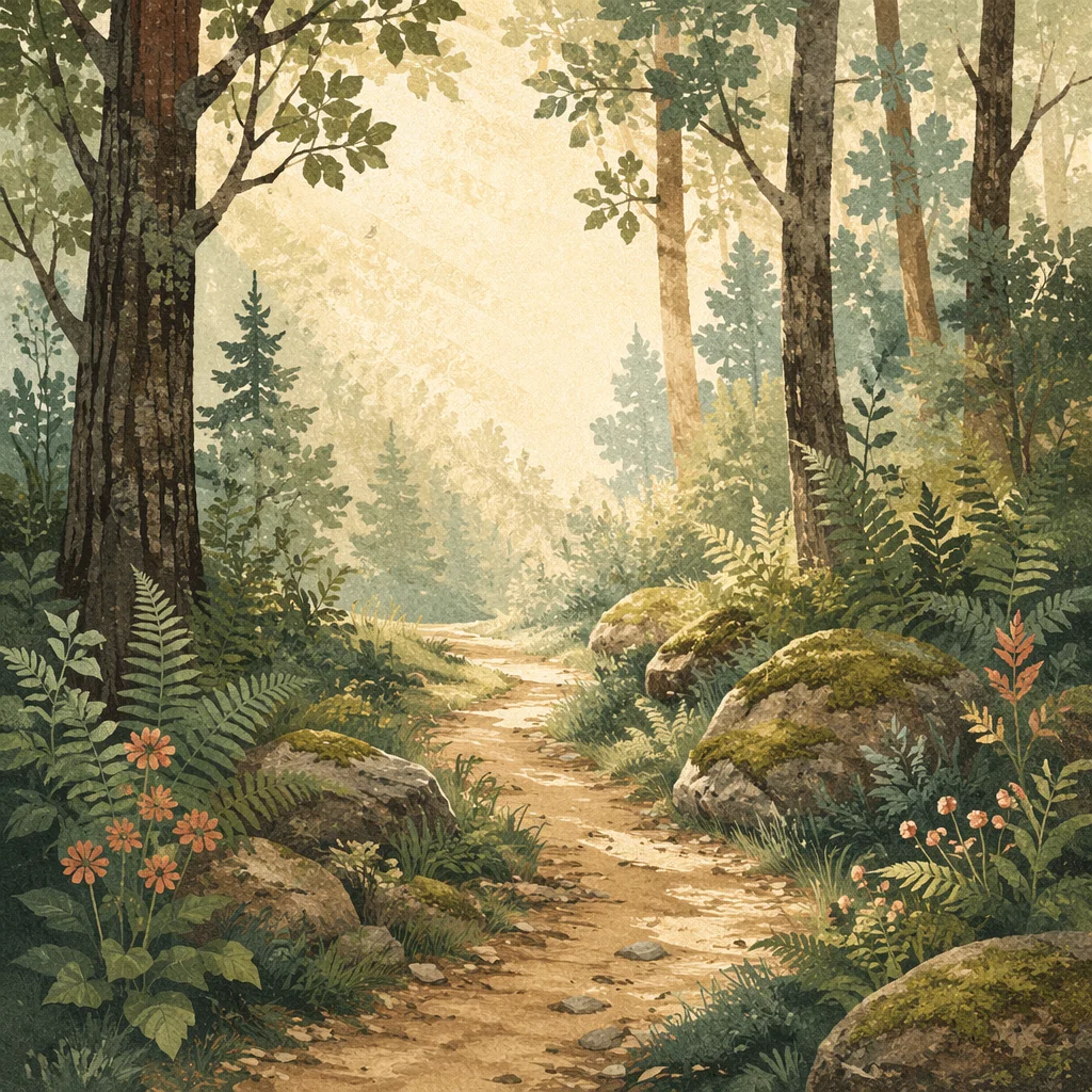 Misty Green Forest Path Background