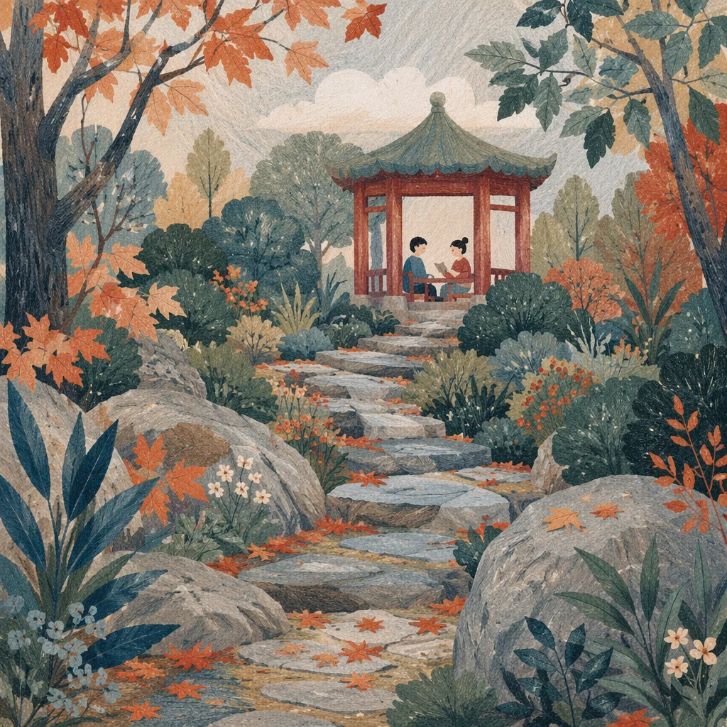 Lush Autumn Garden Path to Pavilion