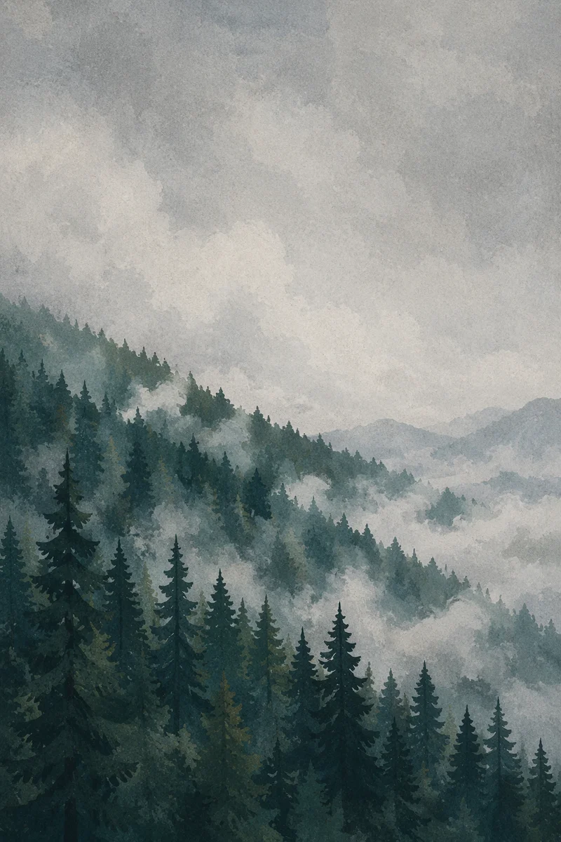 Misty Evergreen Mountain Forest Background