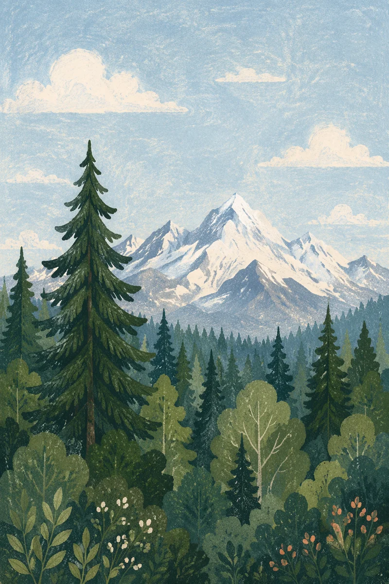 Serene Green Forest and Snowy Mountains
