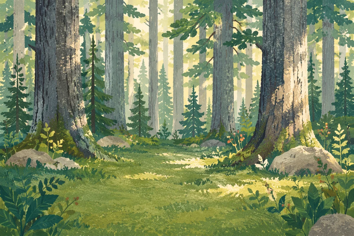 Sunlit Green Conifer Forest Background