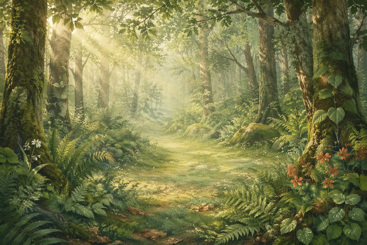 Misty Green Forest Morning Background