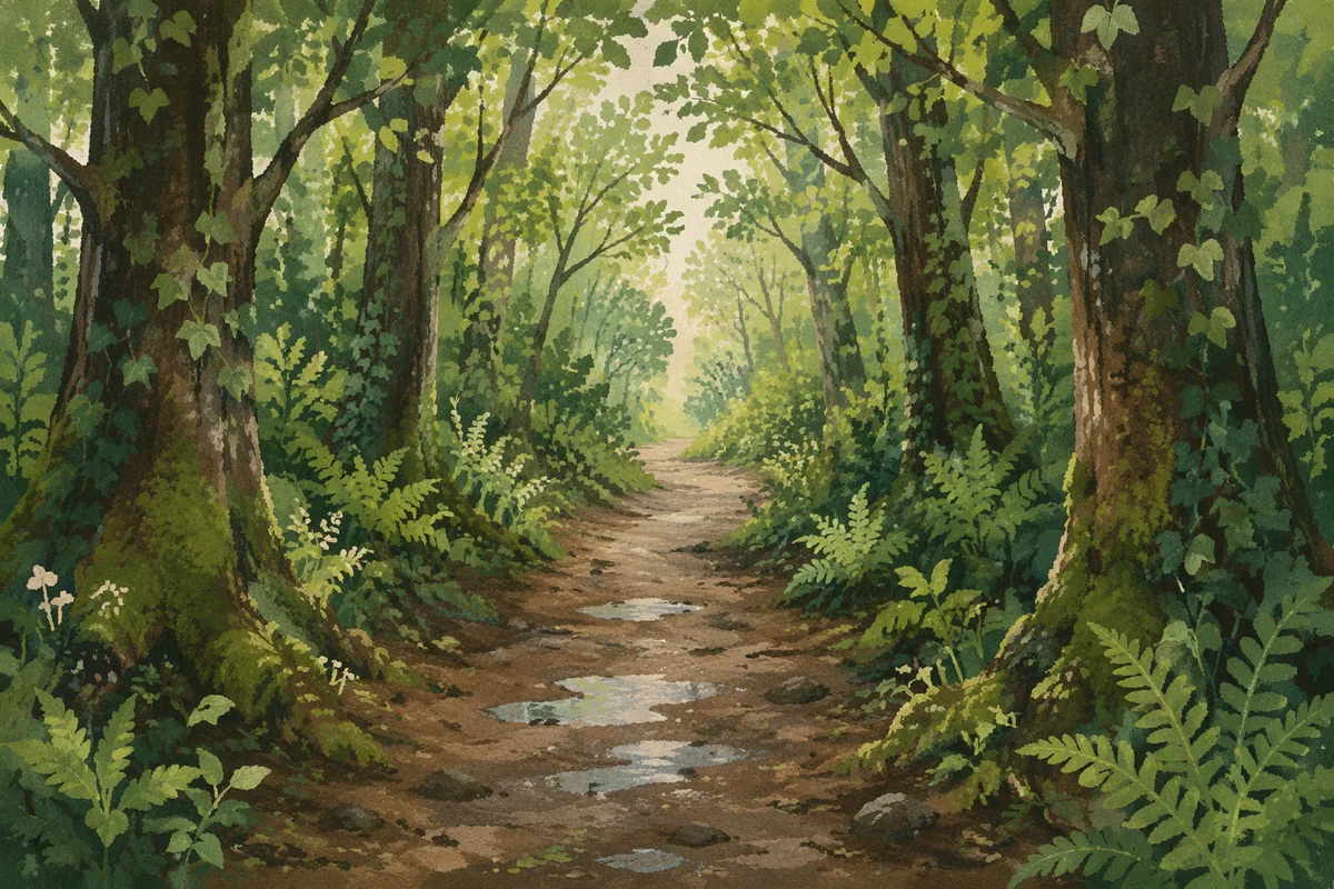 Peaceful Green Forest Path After Rain