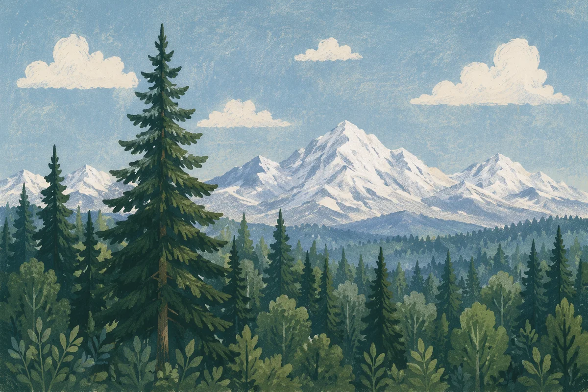 Serene Green Forest and Snowy Mountains