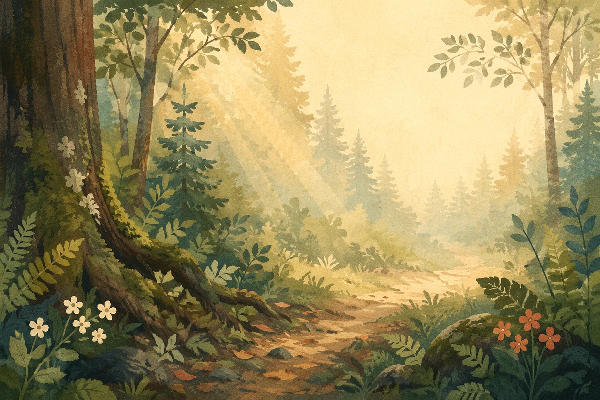 Misty Green Forest Clearing After Rain