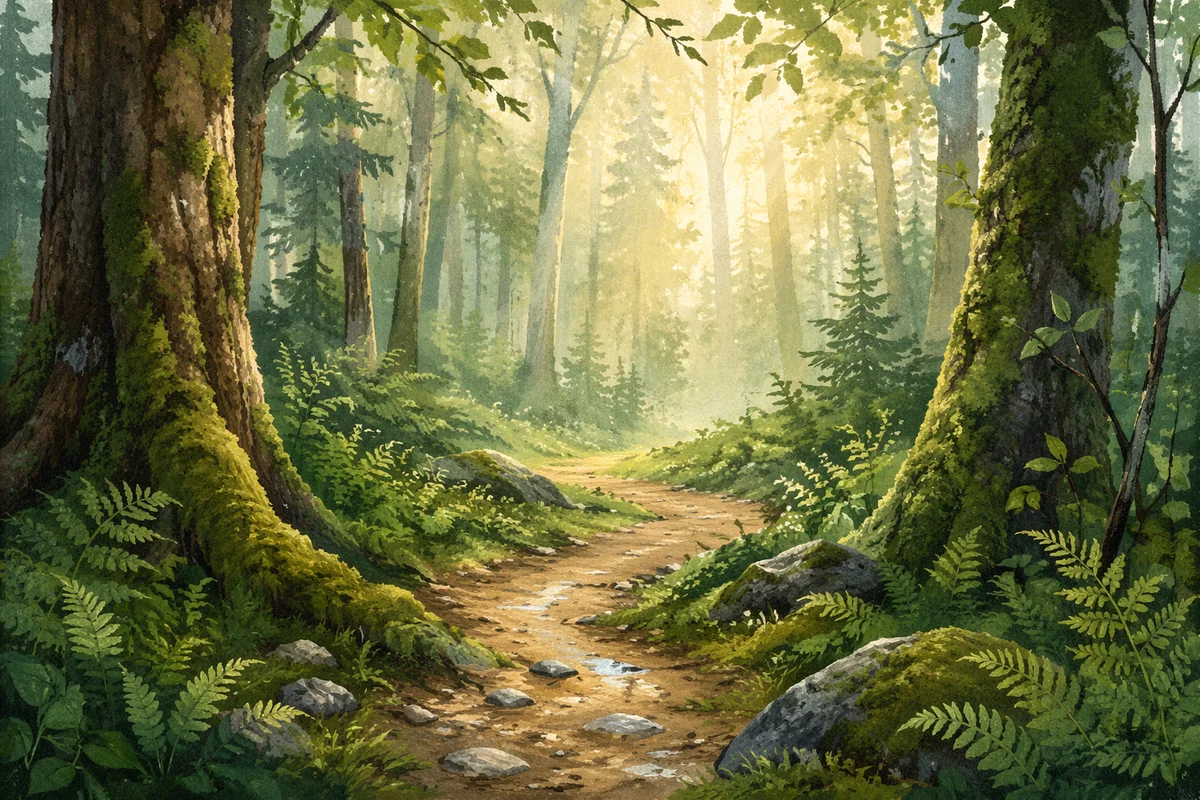 Misty Green Forest Path After Rain