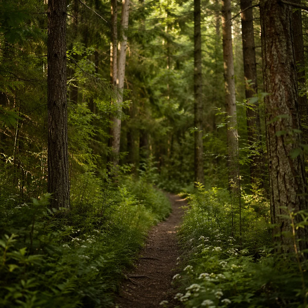 Quiet Green Forest Path Background