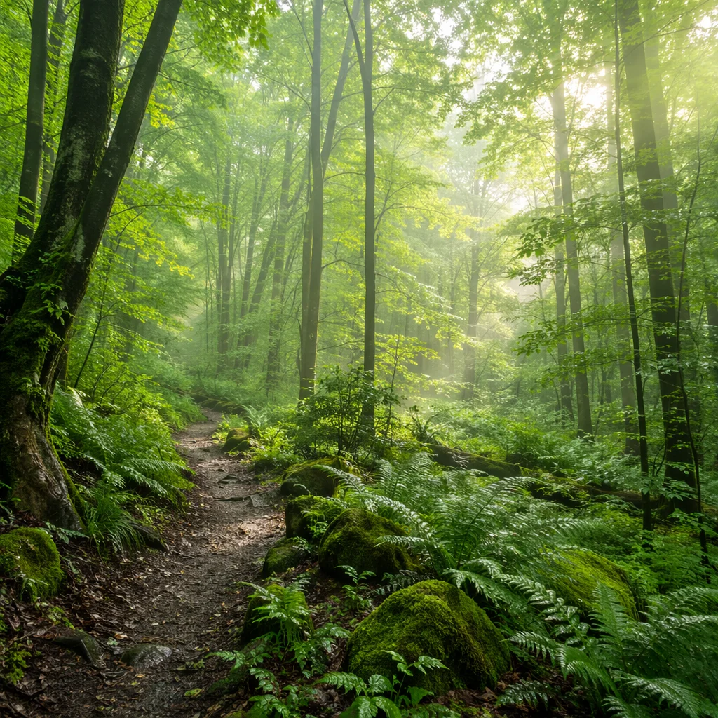 Misty Green Forest Path Background