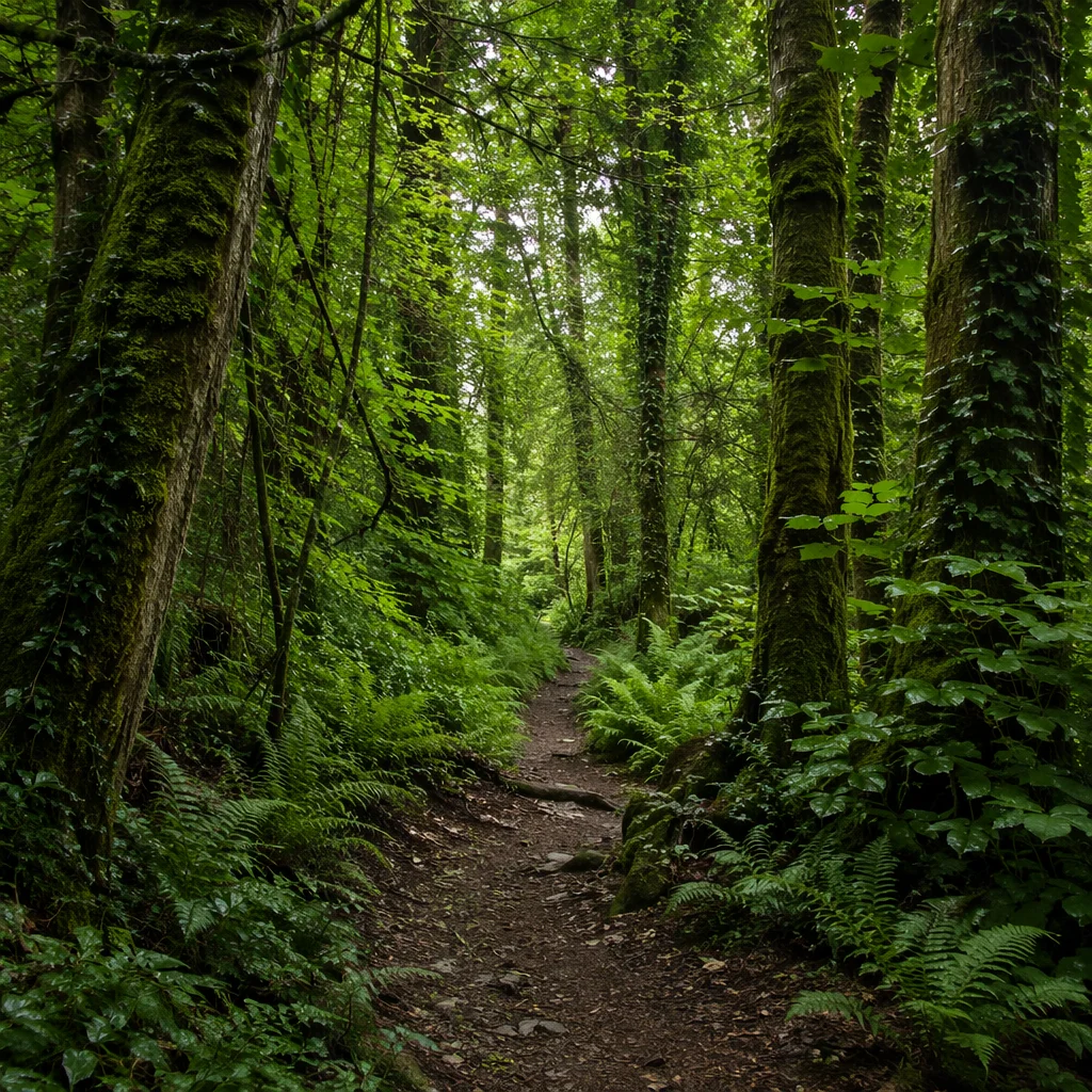 Peaceful Green Forest Path Background
