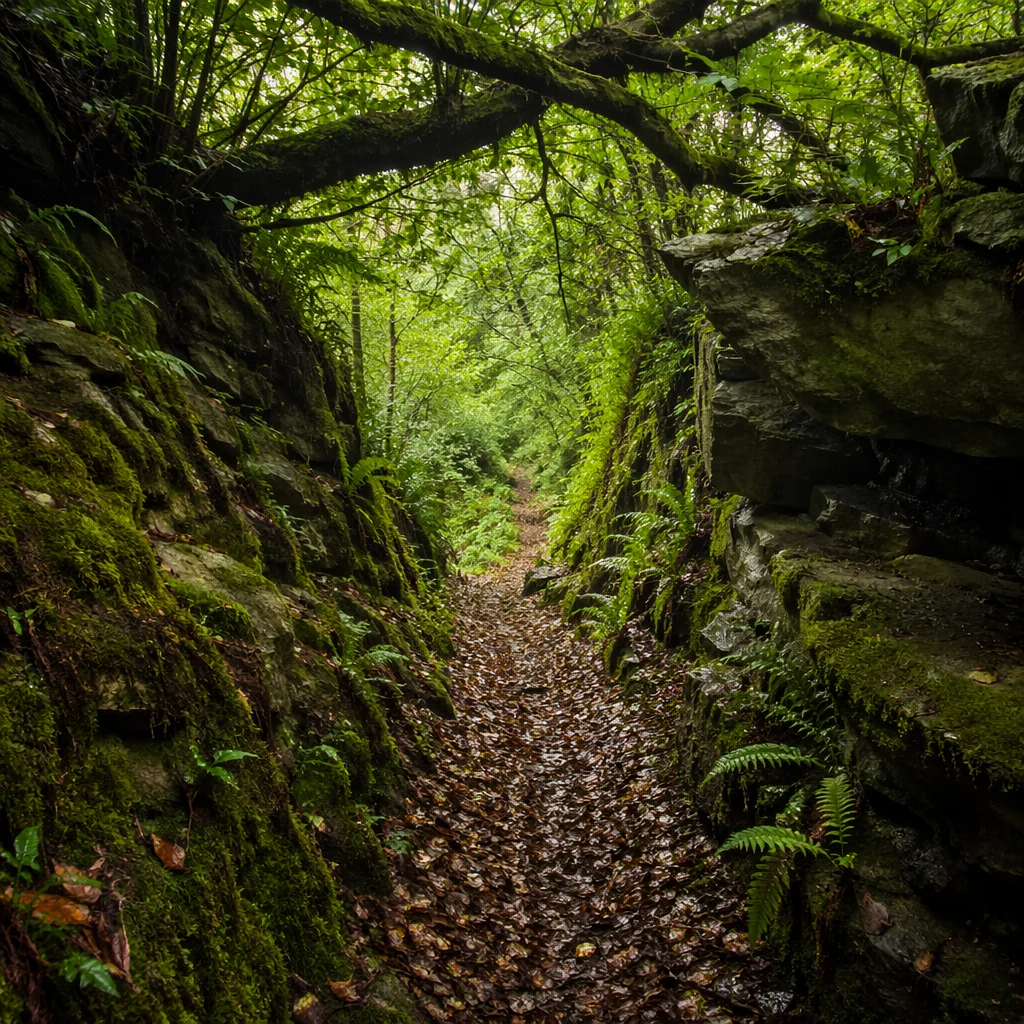 Peaceful Green Forest Ravine Path
