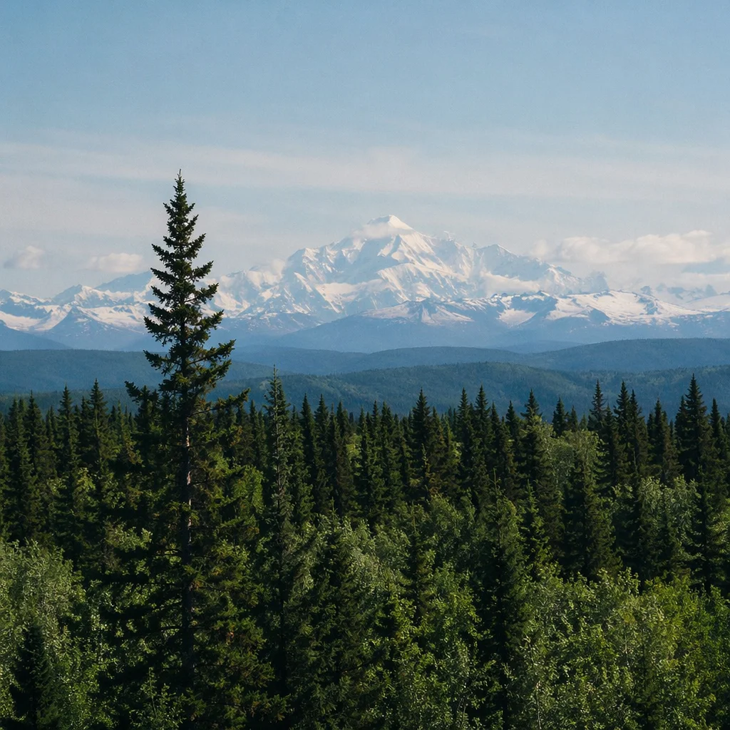 Serene Green Forest and Snowy Mountains