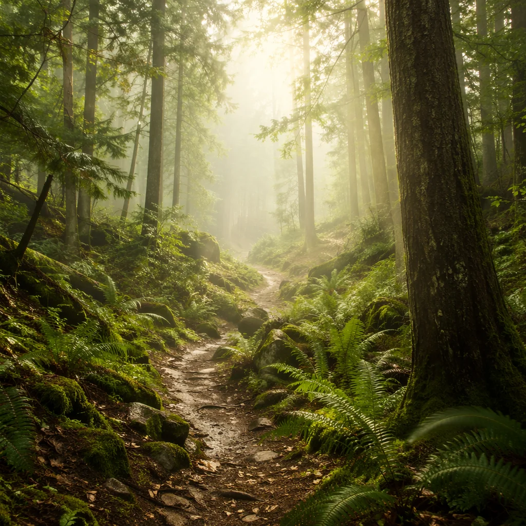 Misty Green Forest Path Background
