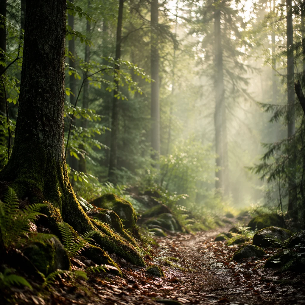 Misty Green Forest Clearing After Rain