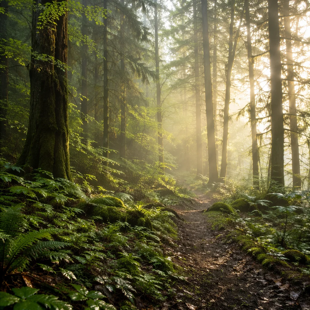 Peaceful Green Forest Path in Morning Mist