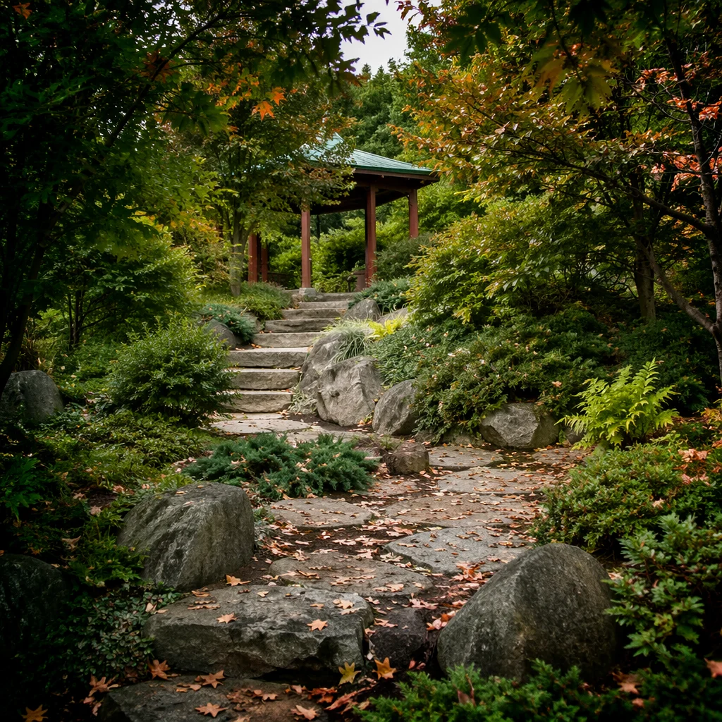 Lush Autumn Garden Path with Pavilion