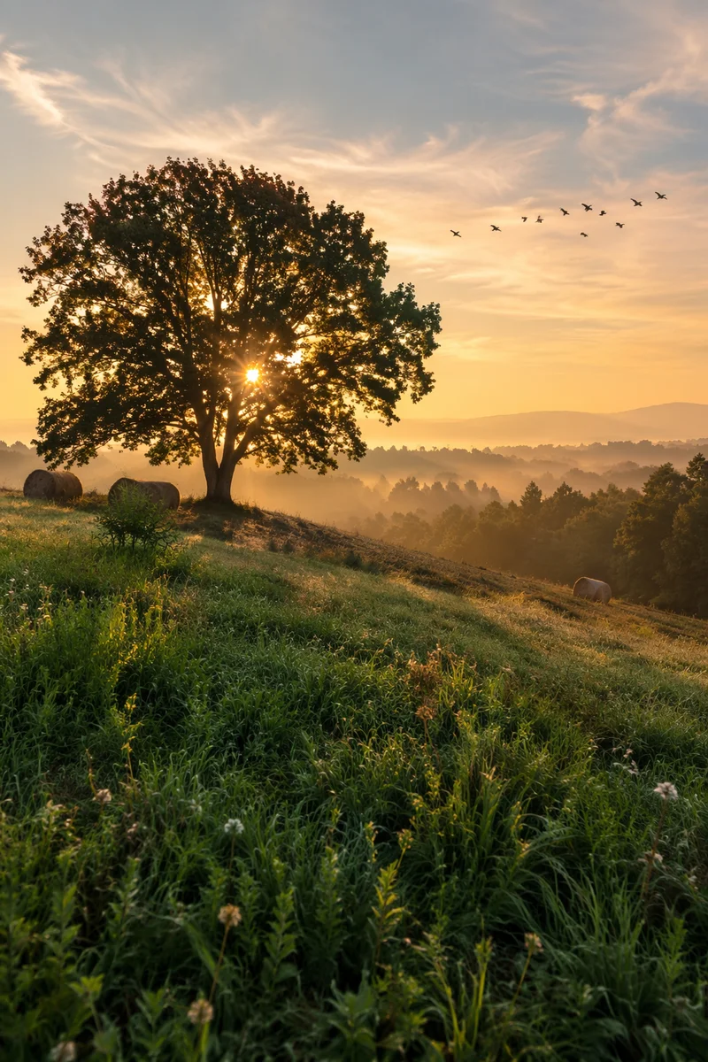 Golden Hour Green Hillside with Lone Tree