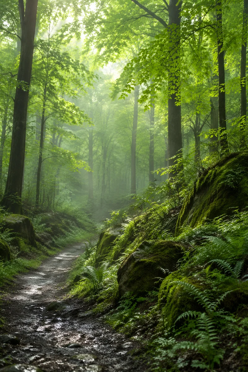 Misty Green Forest Path Background