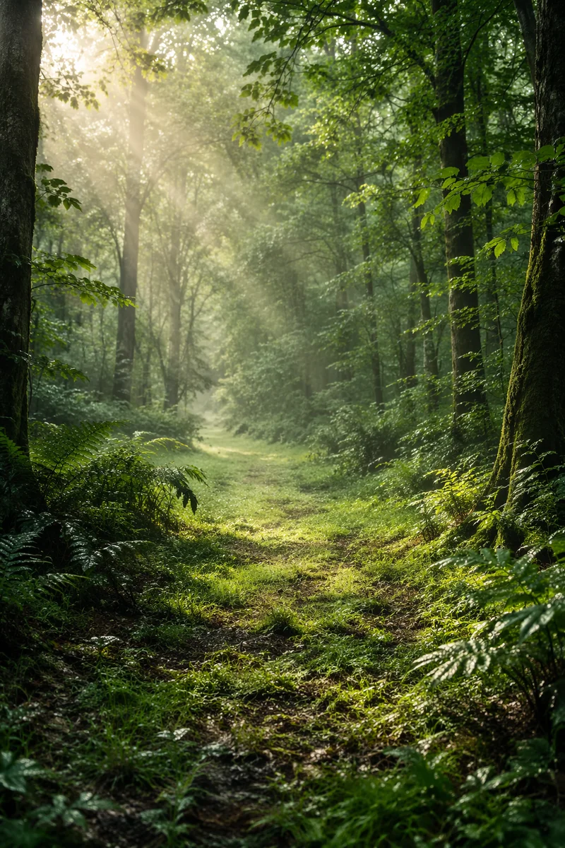 Misty Green Forest Morning Background