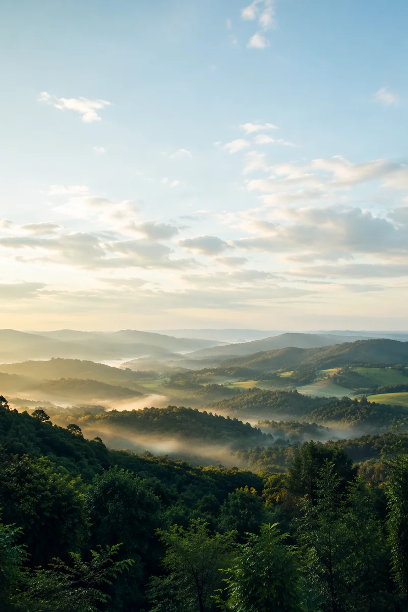 Peaceful Green Forest Hills Morning Background