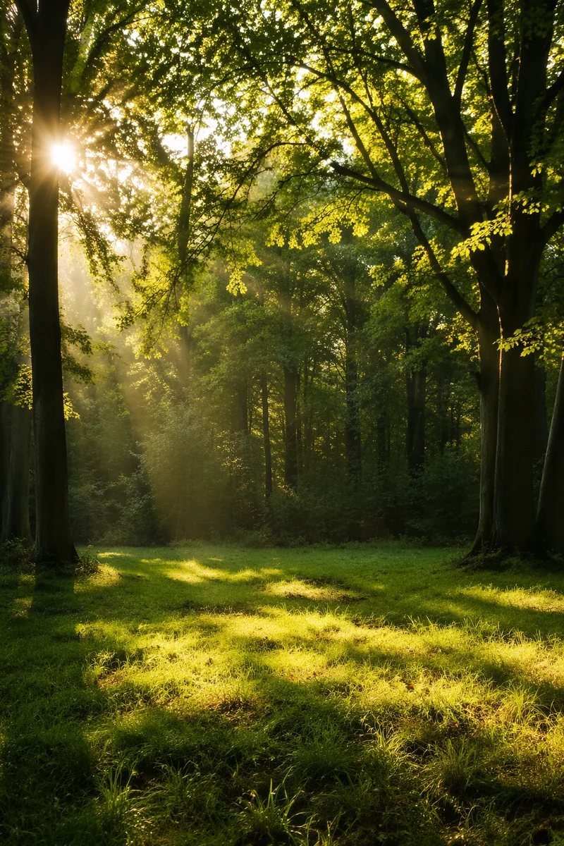 Peaceful Green Forest Clearing at Sunrise