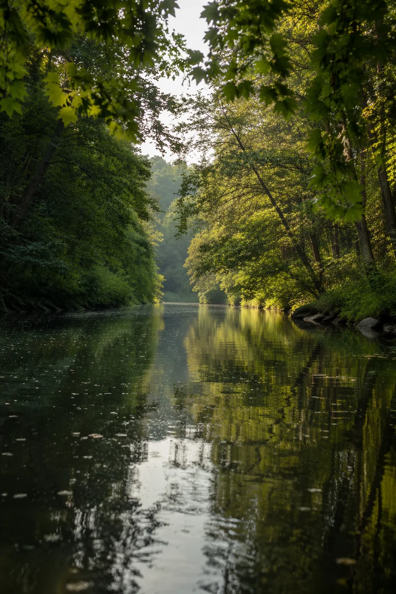 Tranquil Green Forest River Background