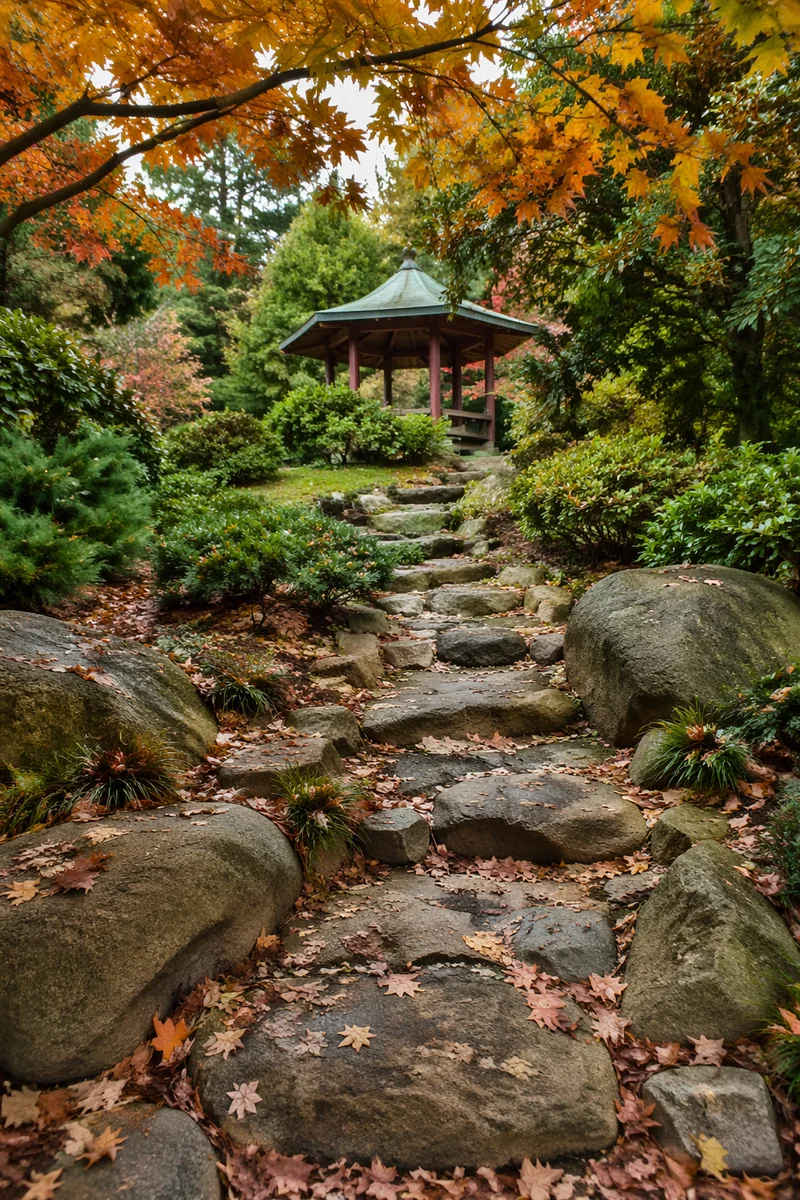 Lush Autumn Garden Path to Pavilion