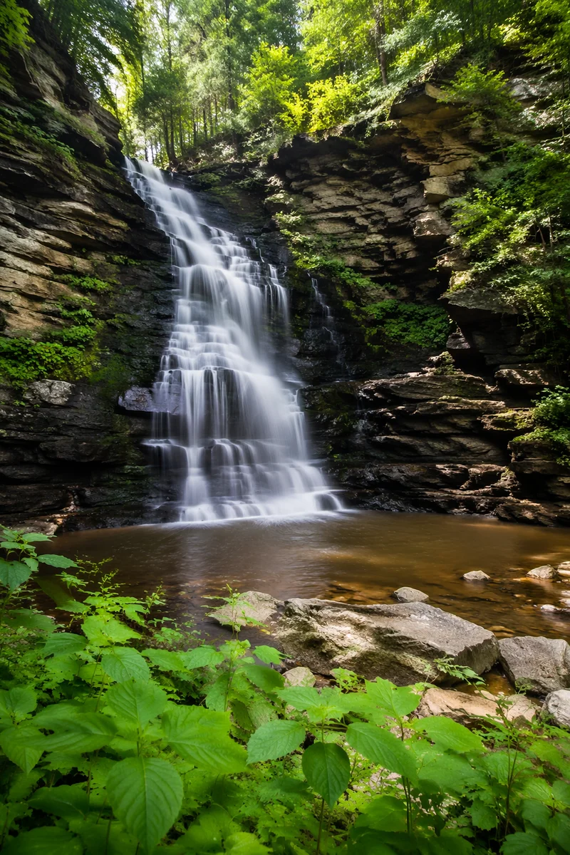 Secluded Green Forest Waterfall Landscape