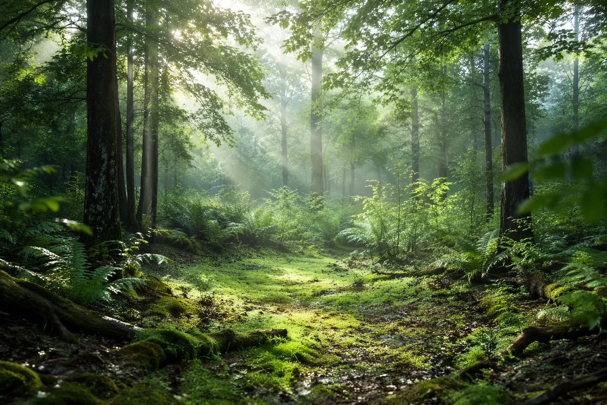 Misty Green Forest Morning Background