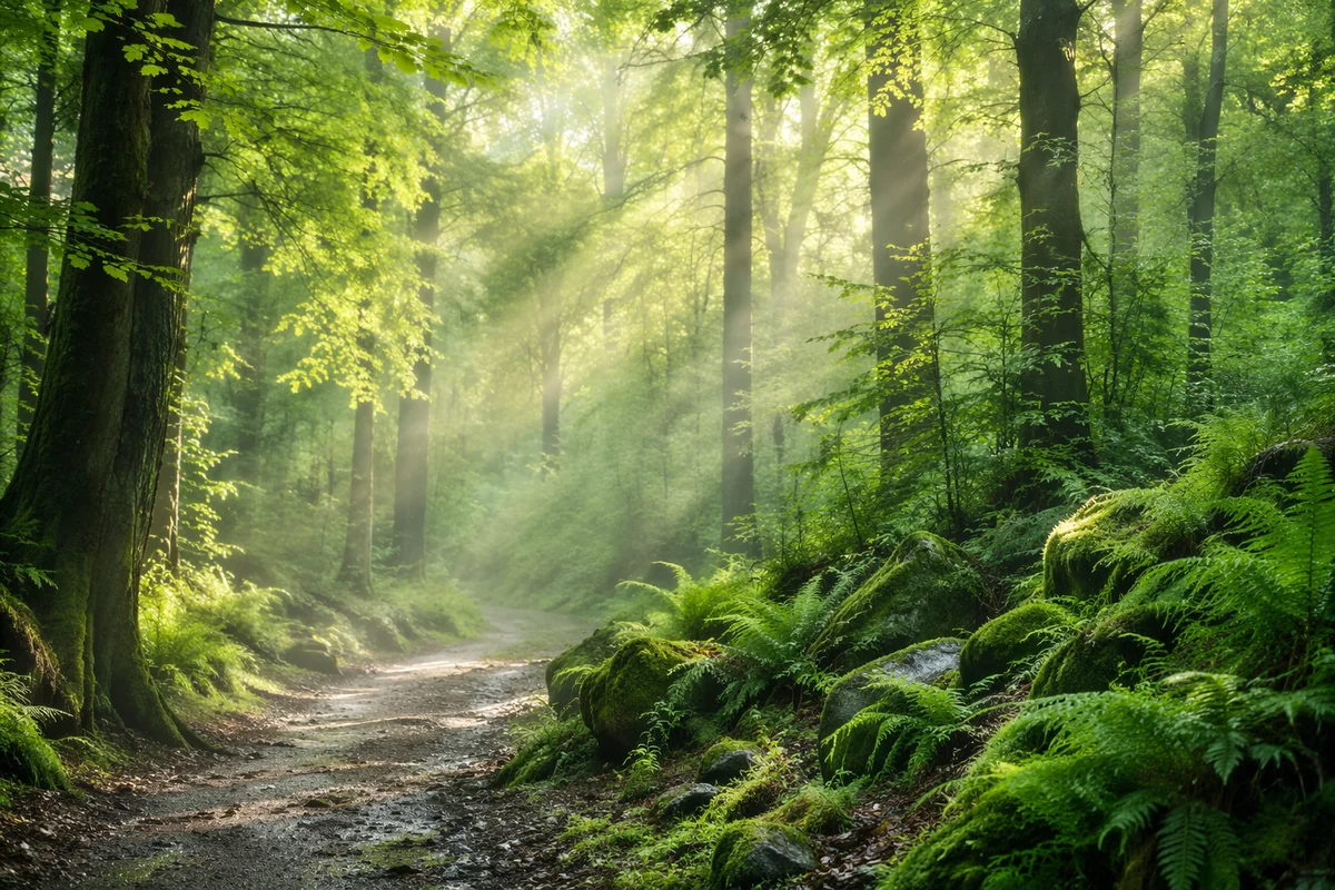 Misty Green Forest Path Background