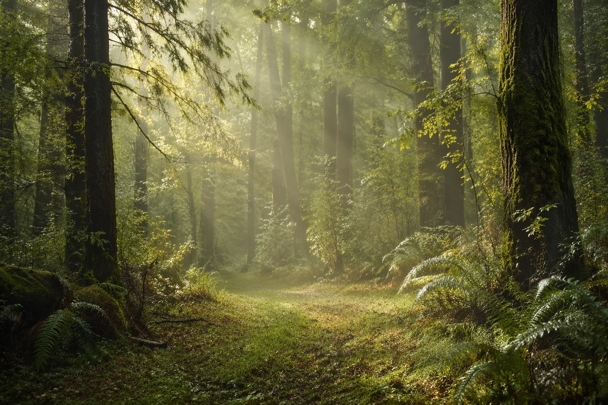 Misty Green Forest Morning Background