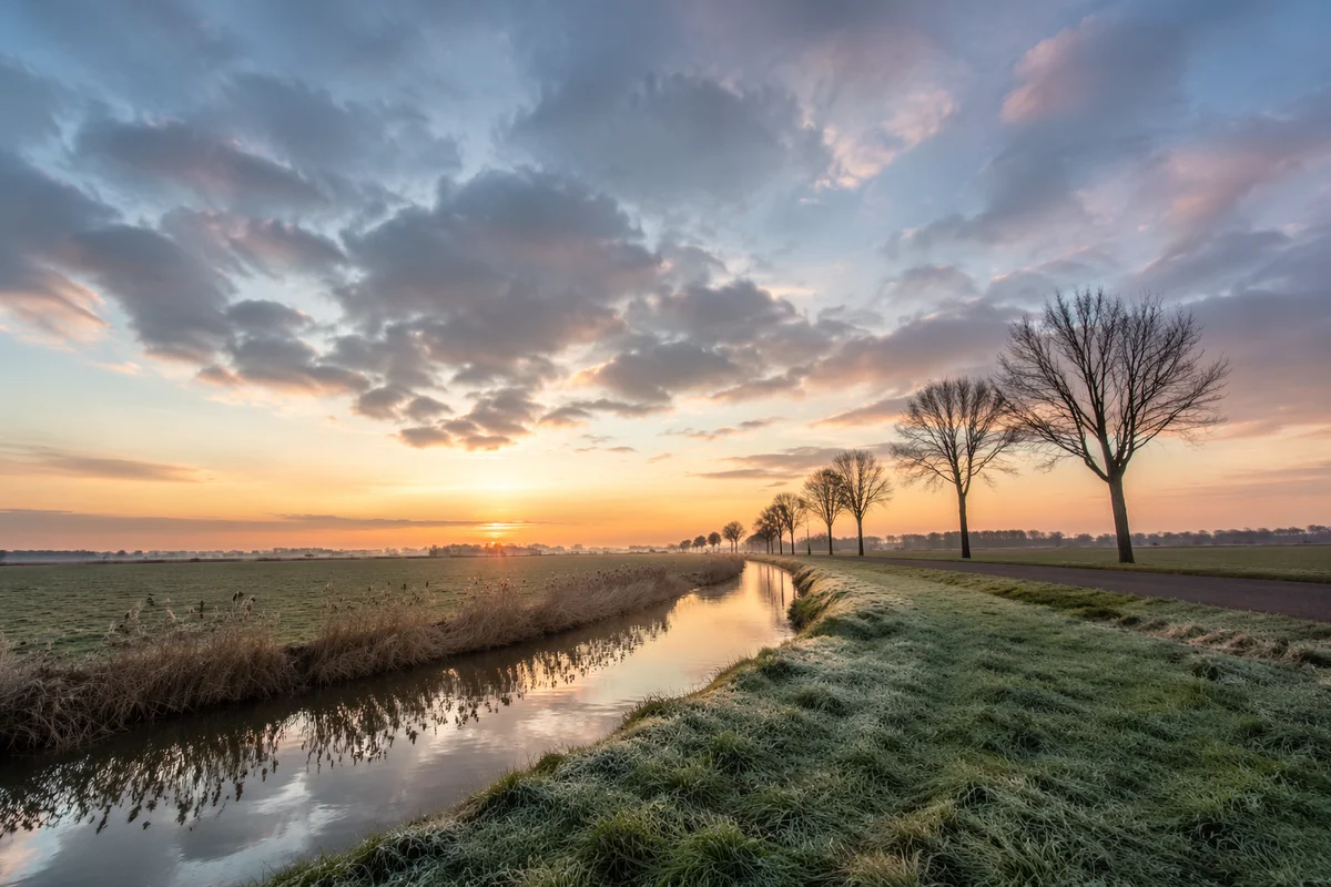 Dawn Stream Through Frosty Green Fields