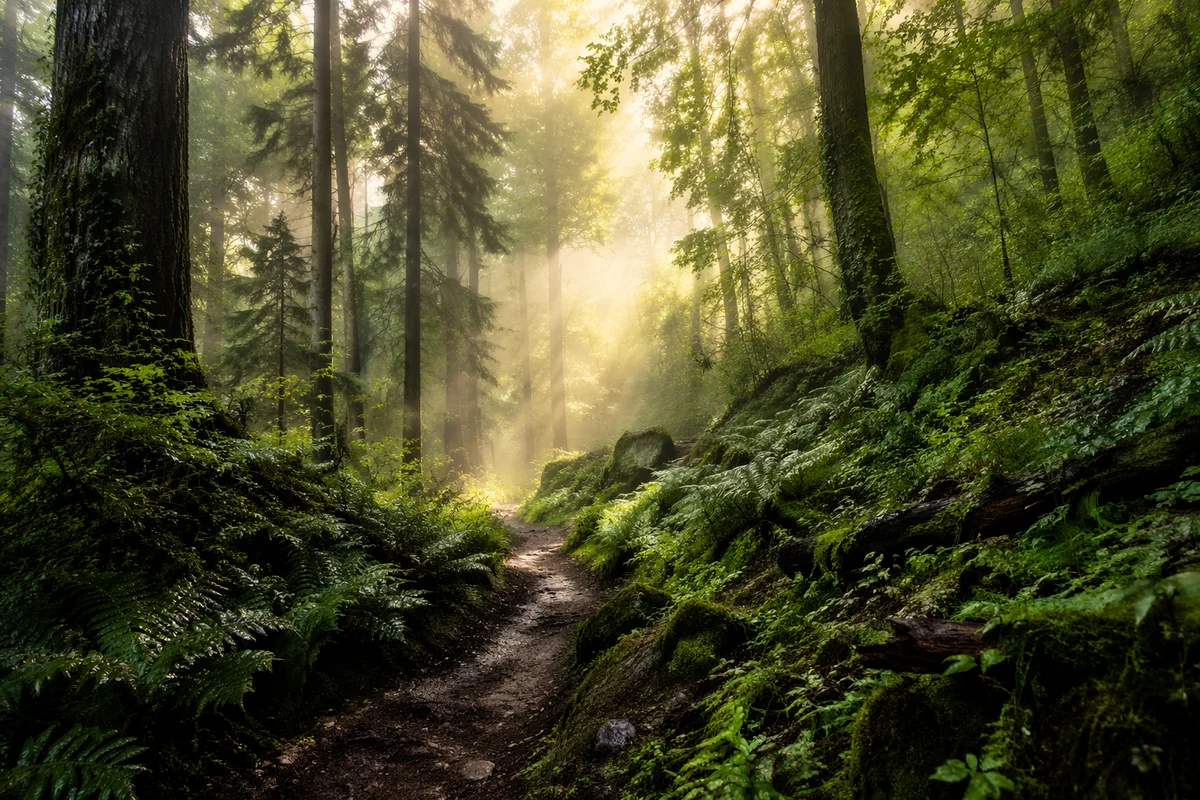Misty Green Forest Path Background